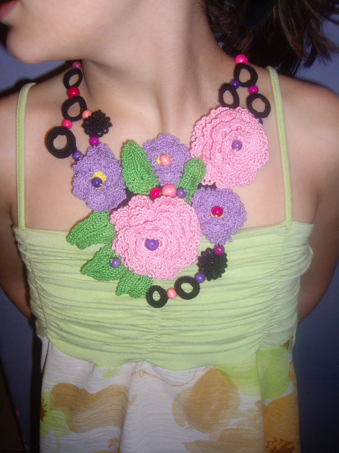 Crochet Necklace...Knitted Jewelry...Handmade Accessory...Pink roses purple flowers and wooden beads...