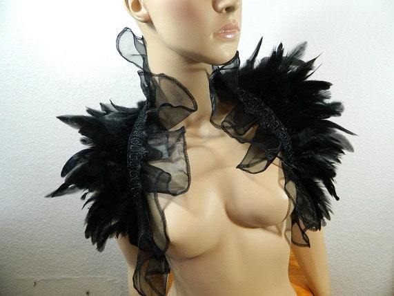 Black Rooster Feather Stole Gothic Cyber burlesque travesty shooting gala corset Steampunk Larp Convention Shoulder Wrap Shrug