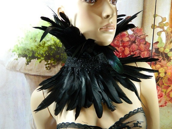black Feather Necklace Choker Gothic Burlesque Fetish Travesty Ruffle Collar Steampunk Larp Con Wedding Marriage Corset Corsage