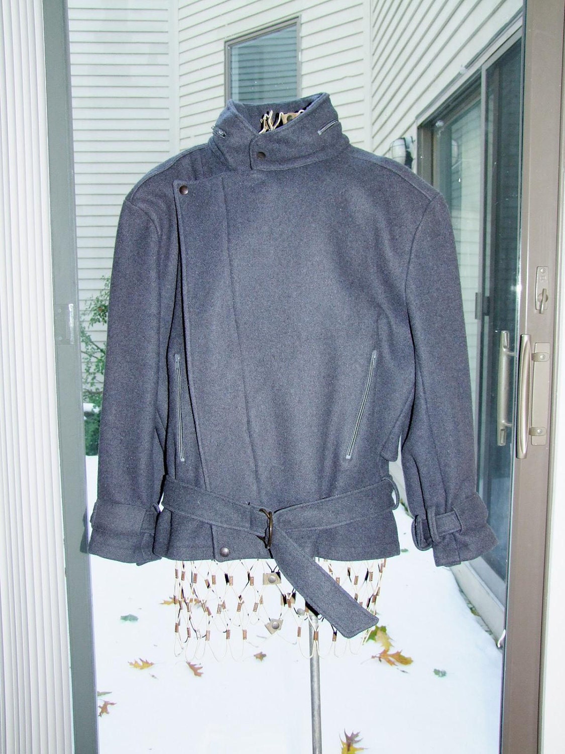 Vintage highly stylized Parachute brand grey wool jacket with belt ala 1970s 1980s Harry Parness
