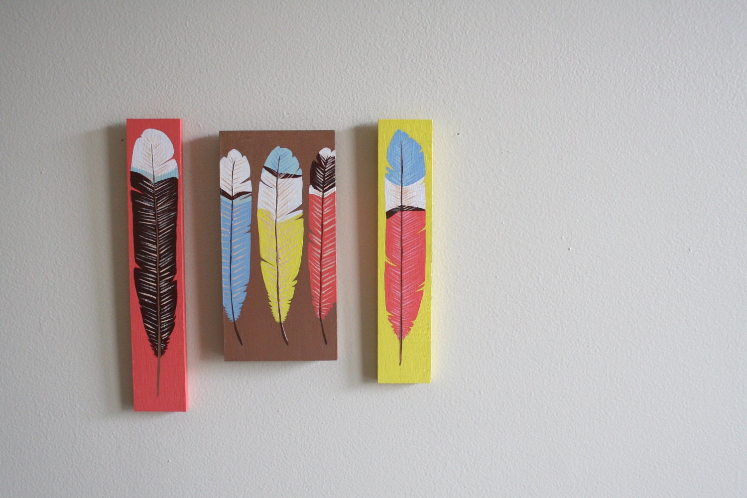 3 Feathers Painted on Wood - Colorful Feathers on Pale Brown