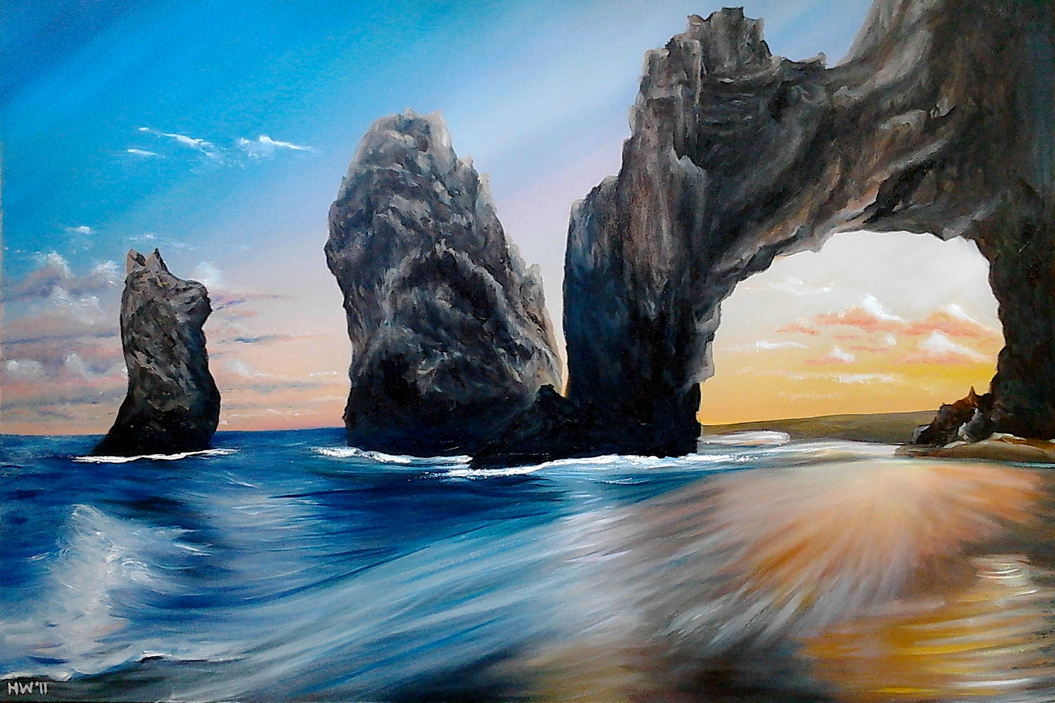 custom order tropical landscape - hawaii mexico key west caribbean ocean beach waves sand palm trees sunset seascape original oil painting