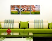 Autumn Fall Landscape oil painting oak tree meadow leaves nature art modern decor triptych 36x12 CANVAS PRINT of original by Heather Wallace