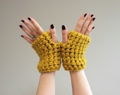 Mustard Yellow Chunky Crochet Wrist Warmers - fingerless gloves in Mustard Yellow
