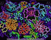 NEON FLOWERS Purple Abstract Floral Altered Art Print  8x10 Original Design by K Graham Yellow Orange Green Blue Red Black