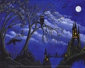 GOTHIC CASTLE OWLS Fine Art Print Spooky Tree Full Moon  Deep Blue Sky Gothic Castle Bridge Halloween 8x10 by K Graham