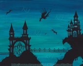 CASTLE  DRAGON Art Print Ornate Gothic Castle & Draw Bridge Fantasy Halloween Art by K Graham Surreal Blue Green Sky 8x10