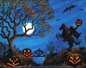 Halloween Art HEADLESS HORSEMAN 11x14 Fine Art Print Graveyard Spooky Tree Full Moon Glowing Jackolantern Haunted Bridge Bats by K Graham