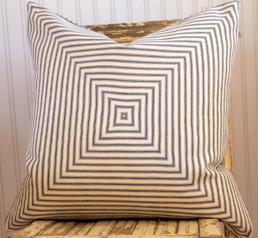 Blue Ticking Pillow Cover 18 x 18 Mitered squares