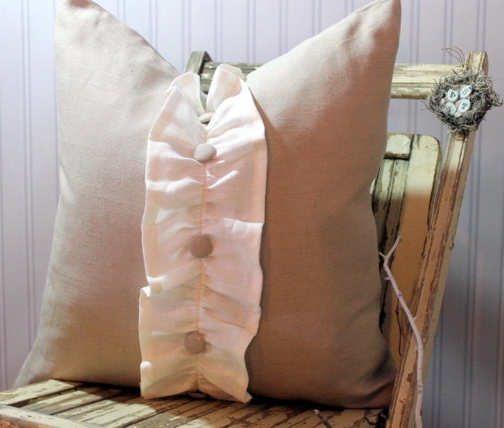 20 x 20 Decorative Pillow Cover Flax Linen with Ruffle Covered Button Trim