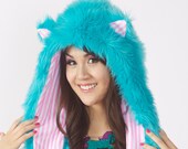 Fun House - Teal Cat Faux Fur Hoodie with Pink and White Stripes