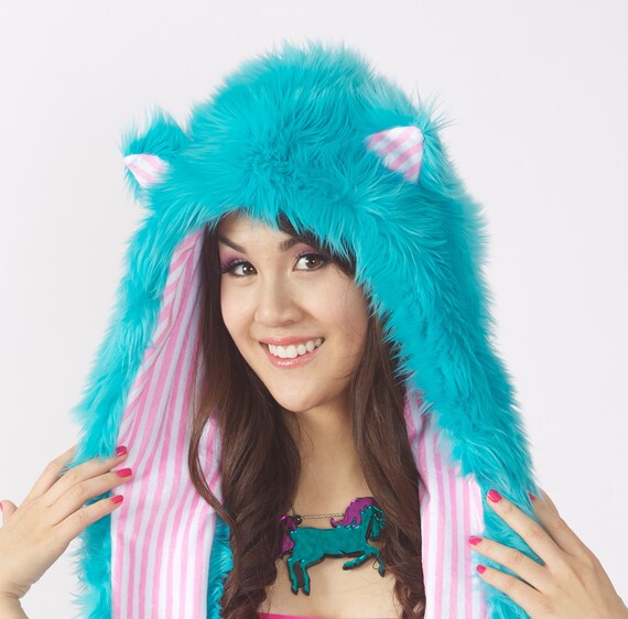 Items similar to Fun House Teal Cat Faux Fur Hoodie with Pink and
