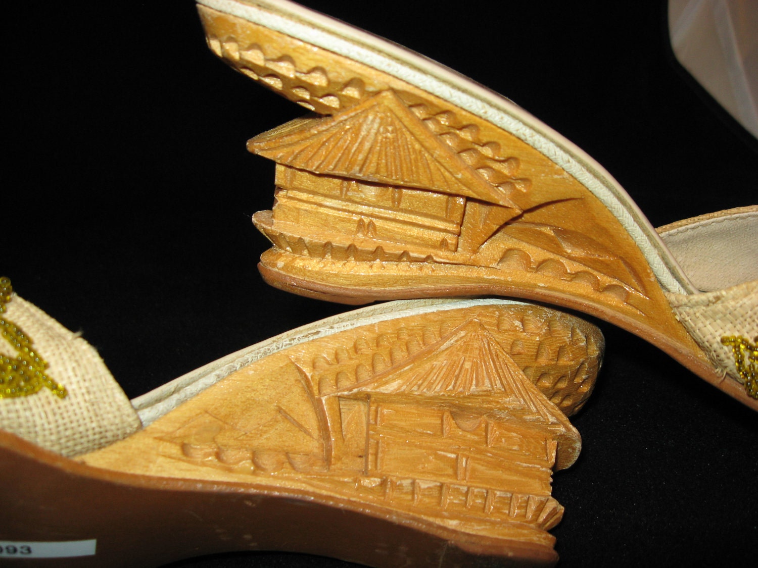 1960s / Pagoda Shoes / Asian Shoes / Carved Wooden Heels / 60s / Slides / Beaded Vamp / Summer Shoes / Wedge Heel