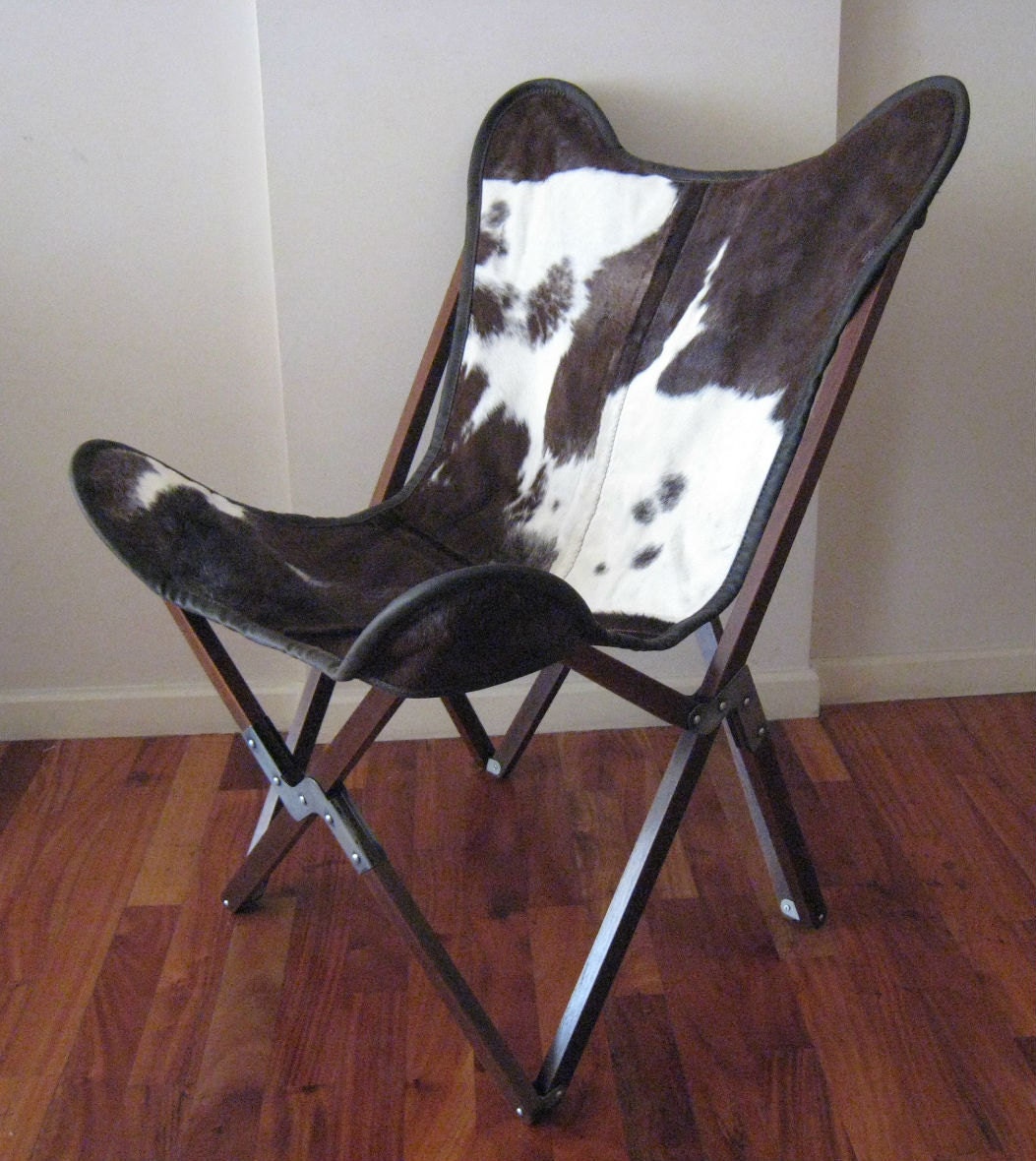 ORIGINAL BUTTERFLY CHAIR "Tripo" Hand Made Wooden Frame Cowhide Cover Cow Skin Hide Chairs