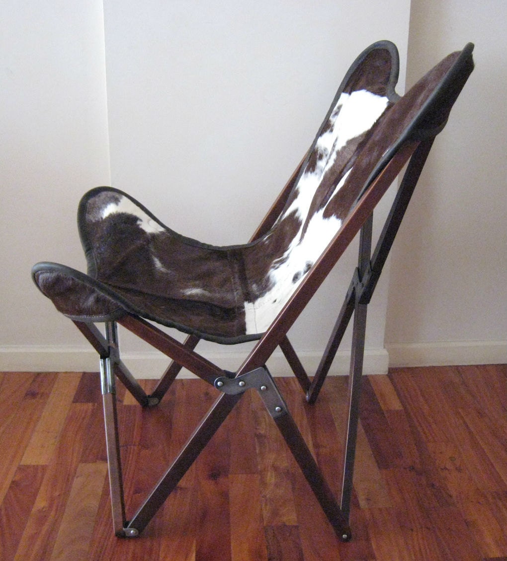 ORIGINAL BUTTERFLY CHAIR "Tripo" Hand Made Wooden Frame Cowhide Cover Cow Skin Hide Chairs