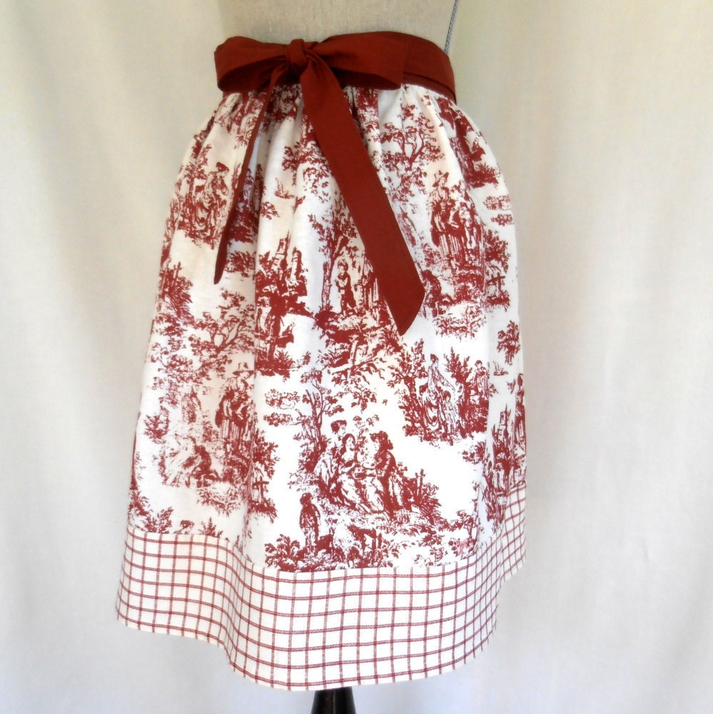 Burgundy Red Toile Kitchen Apron Half Womens Cooking Apron French Country