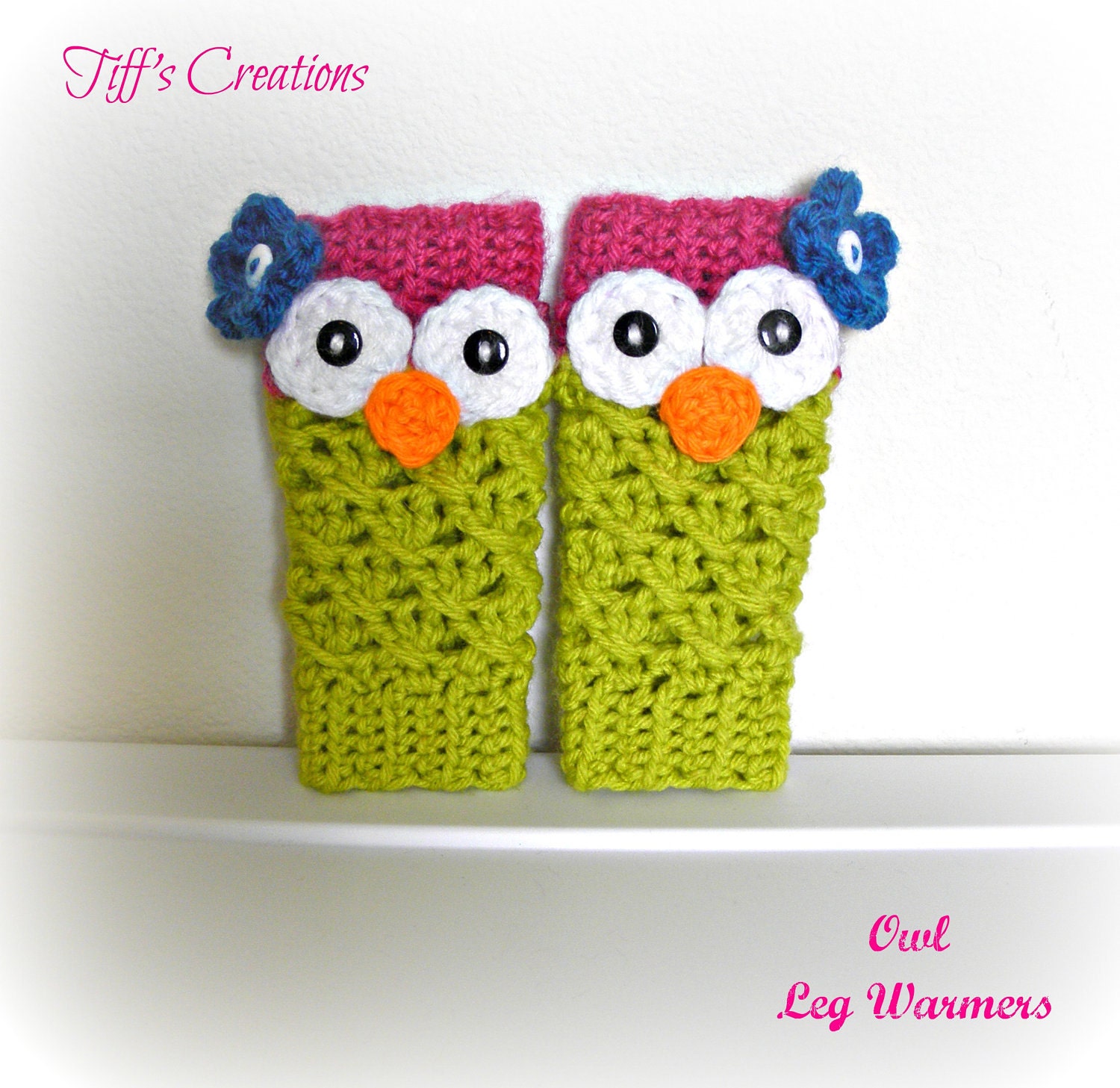 Unique baby gift set - baby girl owl hat and leg warmers - hot pink and green - any baby size so adorable