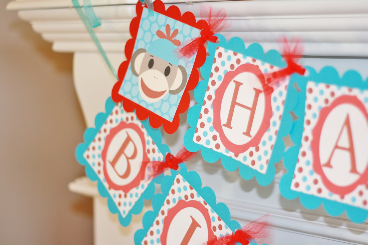 Happy Birthday Red Turquoise Sock Monkey Theme Banner - Matching Cupcake Toppers, Favor Tags, Place Cards & Door Sign Available