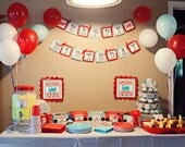 Vintage Train Party Pack - Red/Light Blue OR Red/Navy or Green/Blue - Birthday Banner, 12 Cupcake Toppers, 12 Favor Tags & Door Sign