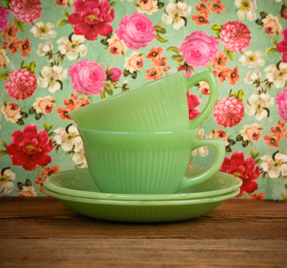 Two Sets of Lovely Fire King Jadeite Tea Cups and Saucers