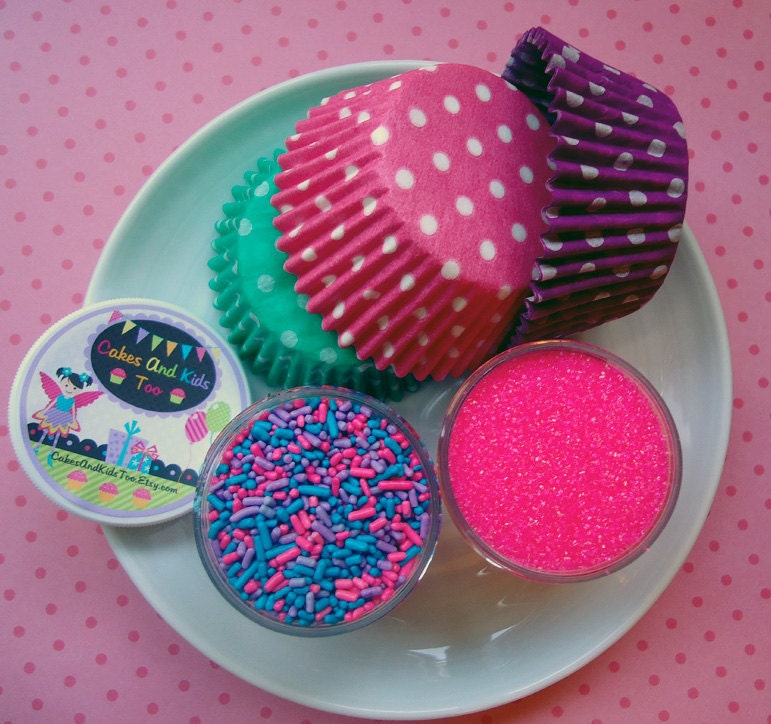 Wonderland Cupcake Kit - Sprinkles, Sugar and Cupcake Liners - Hot Pink, Teal and Purple - SALE - SAVE 15%