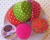 Hippie Chick Cupcake Kit - Sprinkles, Sugar and Cupcake Liners - Hot Pink, Lime Green and Orange - SALE - SAVE 15%
