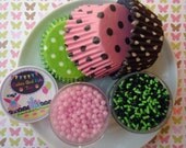Woodland Cupcake Kit - Sprinkles, Sugar and Cupcake Liners - Pale Pink, Brown and Lime Green - SALE - SAVE 15%