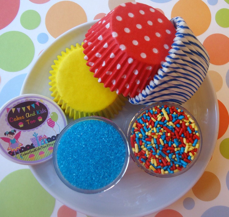 Superhero Cupcake Kit - Sprinkles, Sugar and Cupcake Liners - Red, Blue and Yellow - SALE - SAVE 15%