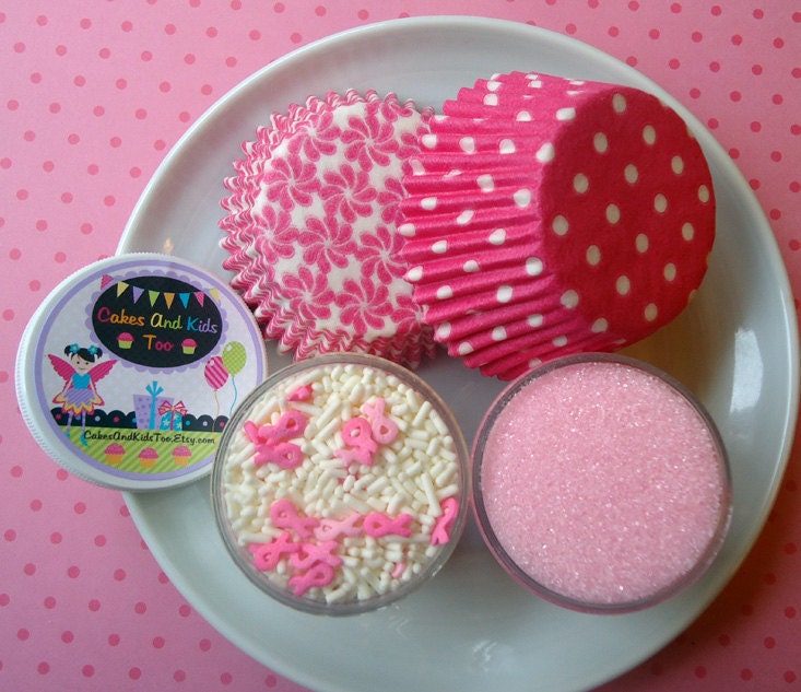 Pink Ribbon Cupcake Kit - Sprinkles, Sugar and Cupcake Liners - Pink and White - SALE - SAVE 15%