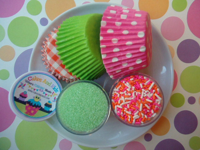 Summer Sherbet Cupcake Kit - Sprinkles, Sugar and Cupcake Liners - Pink, Lime Green and Orange - SALE - SAVE 15%