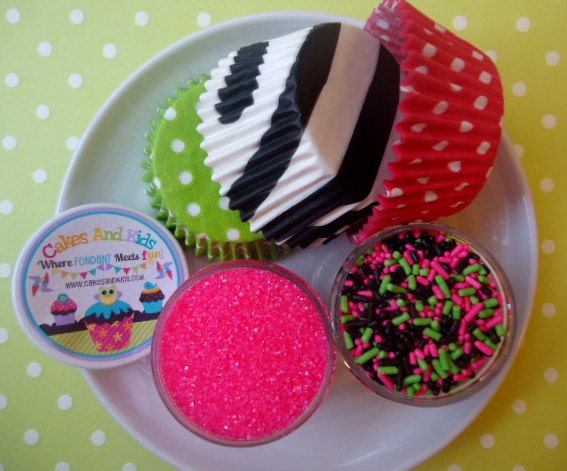 Retro Glam Cupcake Kit - Sprinkles, Sugar and Cupcake Liners - Hot Pink, Lime Green and Black - SALE - SAVE 15%