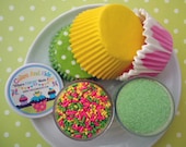 Daisy Chain Cupcake Kit - Sprinkles, Sugar and Cupcake Liners - Lime Green, Pink and Yellow - SALE - SAVE 15%