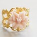 Vintage Style Misty Rose Lily Flower on Gold Filigree Ring - Adjustable