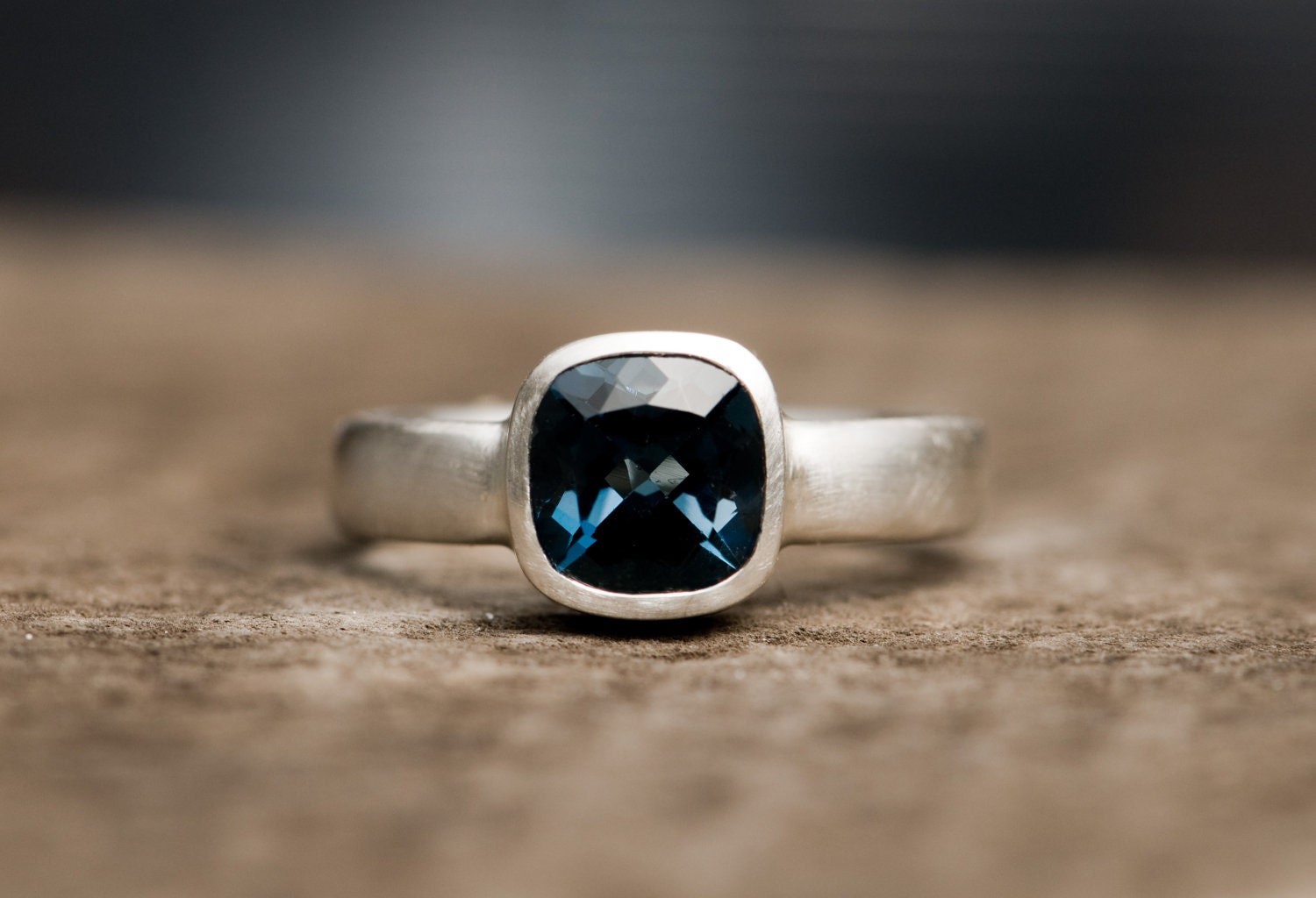 Blue Topaz Ring Dark Blue Stone Set In Sterling Silver Size 8