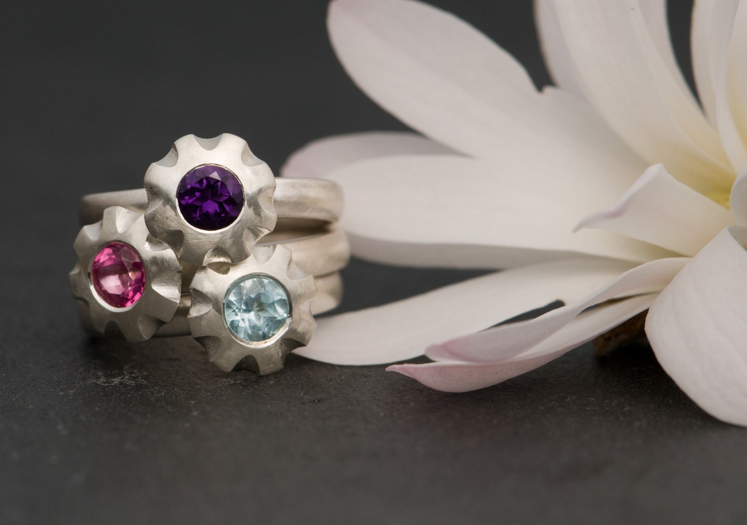 3 Silver and Gemstone Stacking rings - Blue Topaz, Pink Topaz and Amethyst - Sterling Silver