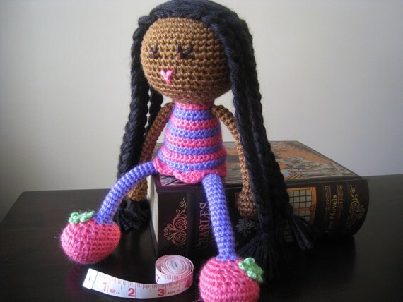 Crochet African American Plush Vegan Doll Black Braids Pink Purple Green Stuffed Toy Baby Girl Gift, MADE TO ORDER (other colors available)