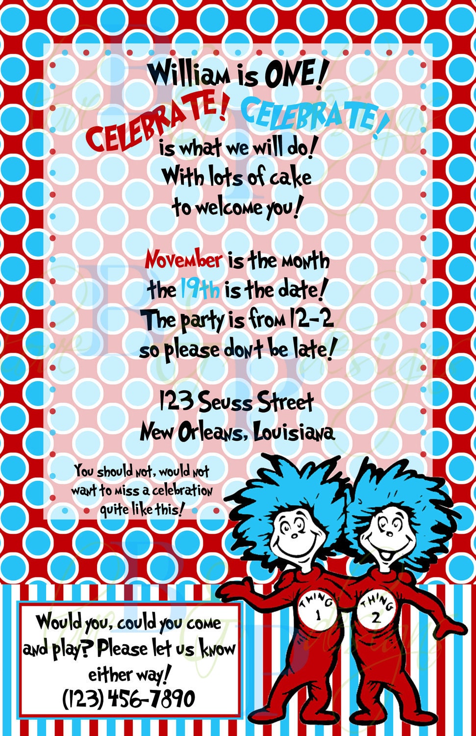 Thing 1 & 2 - Birthday Invitation - Printed Invitation Set