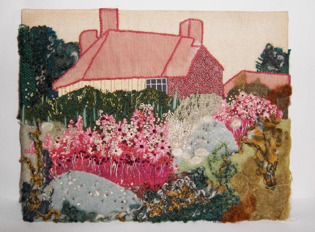 Vintage 1960s handmade wool and fabric country cottage needlework picture