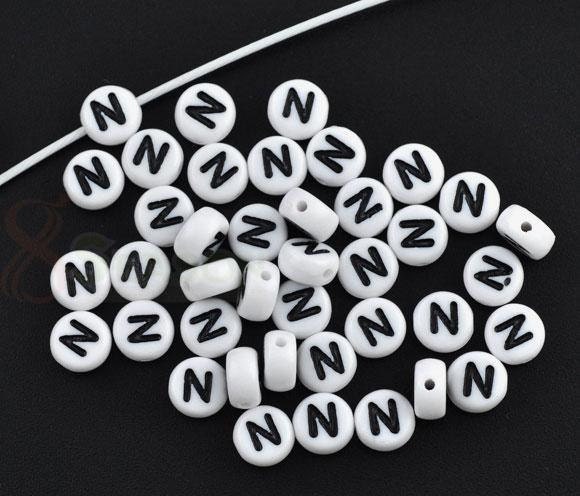 50% Off Sale 100 Alphabet Beads Letter N Black and White 7mm flat