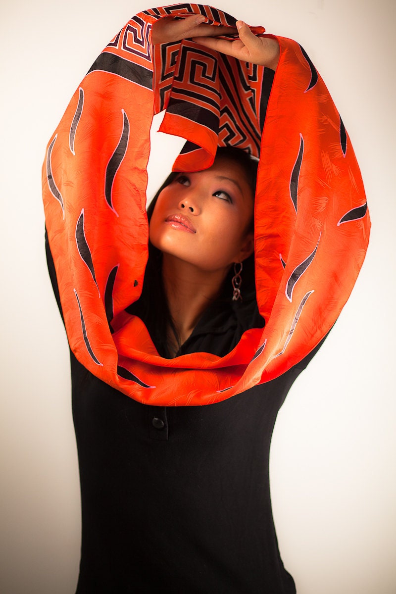 Hand Painted Silk Scarf in Orange and Black - Long Silk Scarf - Orange Silk Scarf - Muffler - Scarfs - Hand Dyed Silk - Gifts For Women