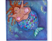 bbw Mermaid fine art print on watercolor paper  8"x8" Glenda Mermaid