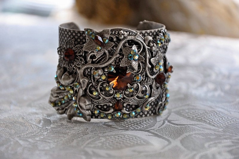 Bridal Cuff,Vintage Style Cuff Bracelet,Swarovski Crystal SMOKED TOPAZ Cuff Bracelet,Clear,Large Cuff,Silver,Victorian,Art Nouveau,BRANDY