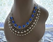 Bridal Swarovski Crystal SAPPHIRE and Pearl Necklace,Multi Strand,Statement,Something Blue,Wedding Jewelry,LISA