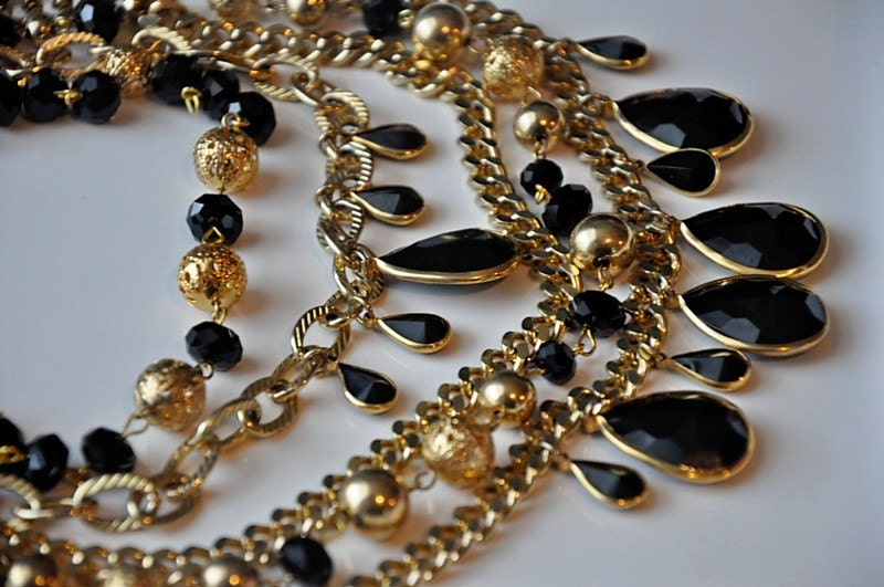 Vintage Style Necklace,Swarovski Crystal Jet Black Necklace,Gold,Filigree,Statement,Multi Strand,Bib,Victorian,Ooak,ROXANNE