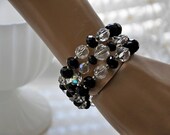 Bridal Crystal Bracelet,Swarovski Crystal Jet Black and Clear,Wire Wrap Bracelet,Vintage Style,Memory Wire,Beaded,Old Hollywood,SEDUCTRESS