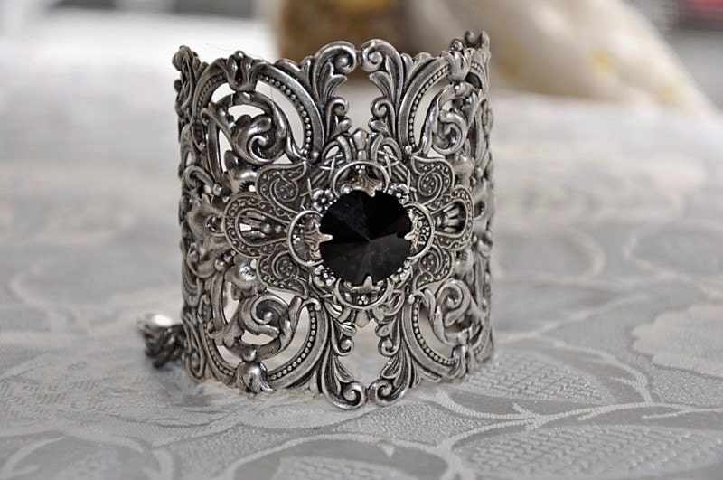 Filigree Cuff Bracelet,Antique Silver,Swarovski Crystal Black Cuff,Vintage Style Bracelet,Gothic Jewelry,Victorian Style Cuff,CARRIBEAN CUFF