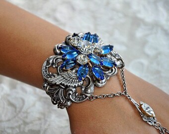 Bridal Cuff Bracelet,Gothic Slave Bracelet,Swarovski Crystal SAPPHIRE BLUE Slave Bracelet,Victorian Jewelry,Wing Slave Bracelet