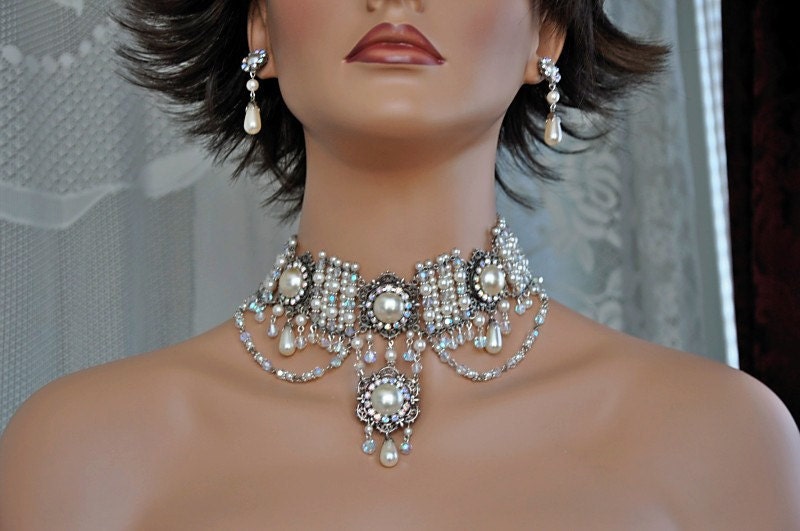 Victorian Wedding,Bridal Jewelry,Bridal Statement Necklace,Bridal Choker,Rhinestone Choker,Pearl Choker,Swarovski Crystal Pearl
