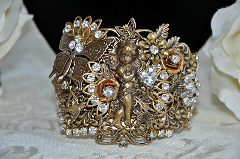 RESERVE for Cecilia Villacorta....Swarovski Crystal Clear brass cuff vintage inspired victorian filigree angel bracelet BUTTERFLY WISHES