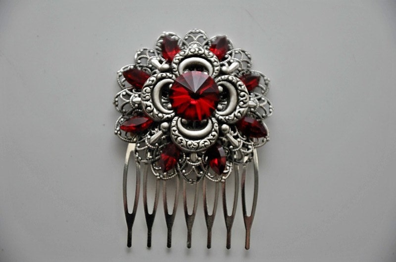 Bridal Hair Comb,Vintage Style Hair Comb,Swarovski Crystal SIAM Hair comb,Filigree Hair Comb,Antique Silver,Red,Wedding Accessories,AMOUR